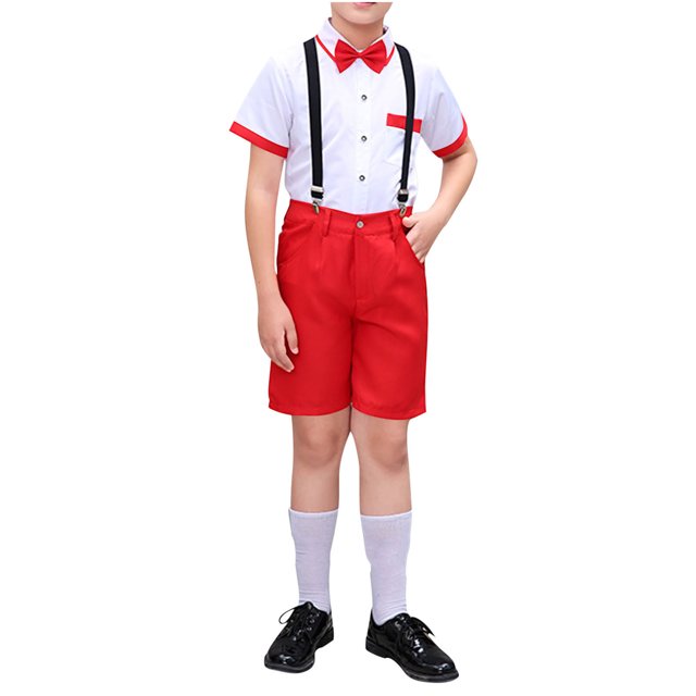 VOAVEKE Costume Garçon, Tenues d'Été Garçons, Costume Décontracté Couleur Unie Été Costume de Performance Robe Formelle avec Nœud Papillon Ensembles Manches Courtes Col Rabattu Ensembles Rouge 7-8 Ans