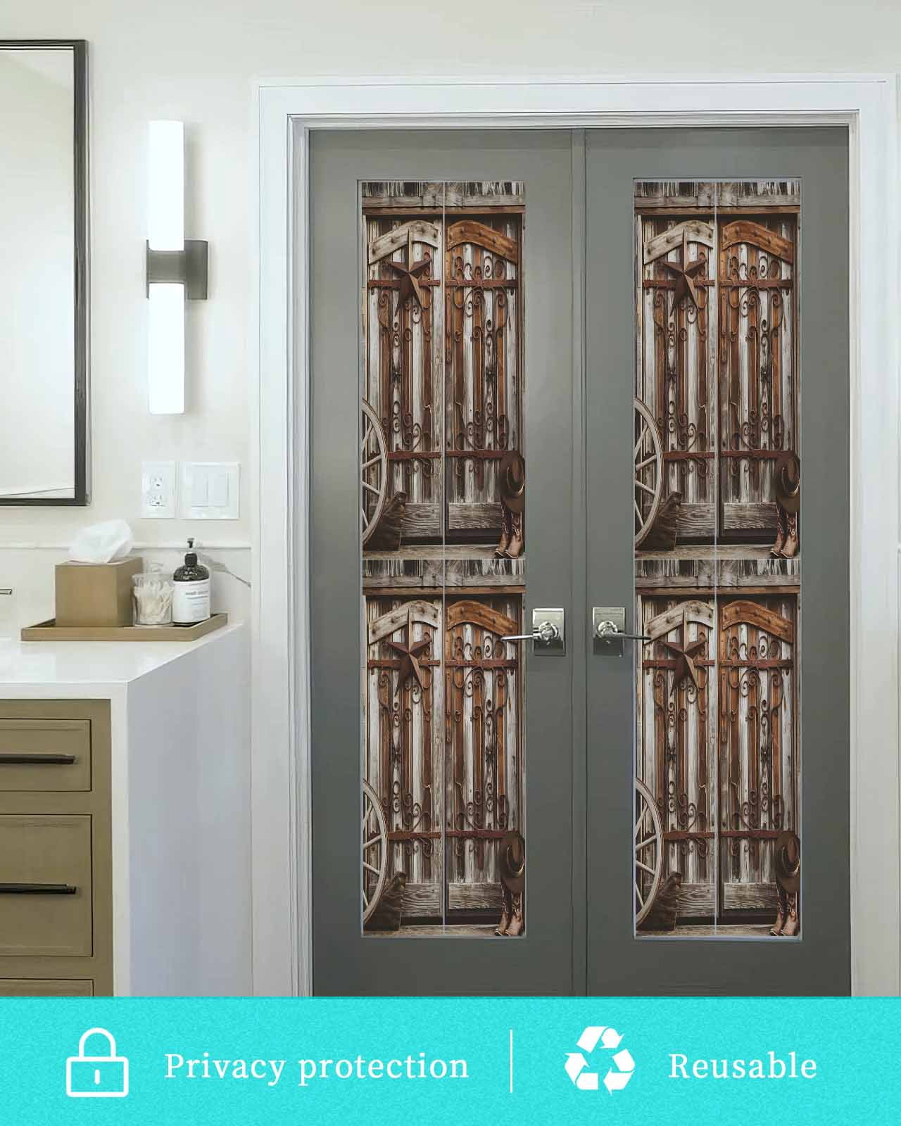 Window Privacy Film Retro Brown Door Stained Glass Window Film Decorative Sun Block Window Cover Farmhouse Vintage Wooden Door Window Clings Static Adhesive Sticker for Bathroom 29.5"x118"