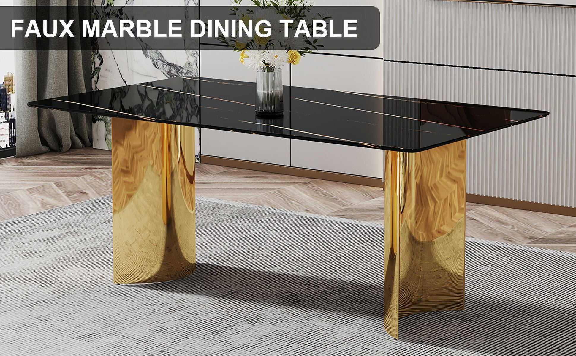 TesNus 71" Modern Dining Table for 6-8, Black Marble-Style Glass Tabletop with Gold Chrome-Plated Stainless Steel Base for Kitchen and Dining Room