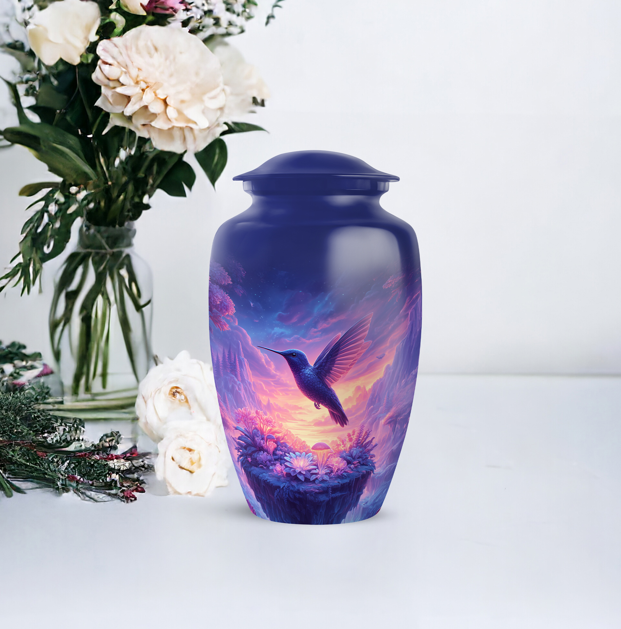 Humming Bird Funeral Urn For Women - 1 Large Purple Cremation Urns For Human Ashes Adult Male - Pink Mini Urns For Human Ashes Set Of 4 - Flowers Funeral Urn For Male, Combo, Blue 10&3 Inch