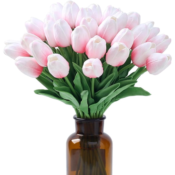 Pink Tulips Fake Artificial Flowers Real Touch " Silk Flower for Home Decor Mother's Day Spring Wedding Bouquet Decorations Floral Arrangements(Pink Base)