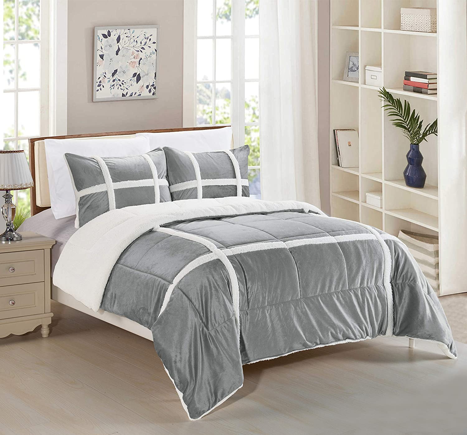 3-Piece Plaid Sherpa Premium Reversible Comforter Set Micro-suede All-Comfort™ 