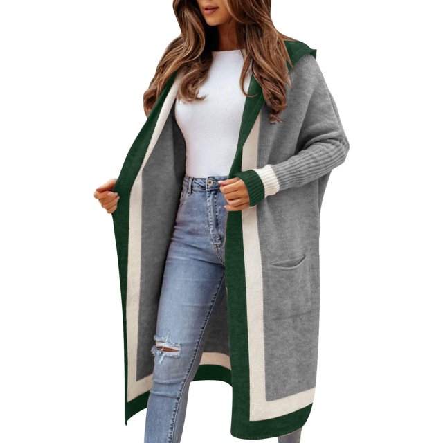 MPWEGNP Cardigan Long à Capuche Surdimensionné à Rayures Verticales pour Femmes avec Poches Gris P