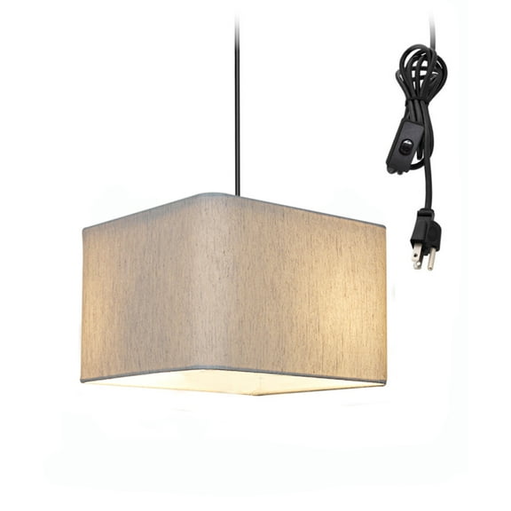 1 Light Swag Plug-In Pendant 14"w Rounded Corner Square Oatmeal Drum Shade, Black Cord