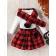 thumbnail image 3 of Bagilaanoe 3Pcs Baby Girls Fall Clothes Toddler Long Sleeve Ribbed T-shirt Tops + Plaid Skirt + Scarf 6M 12M 2T 3T 4T 5T Kids Casual Skirt Set, 3 of 9