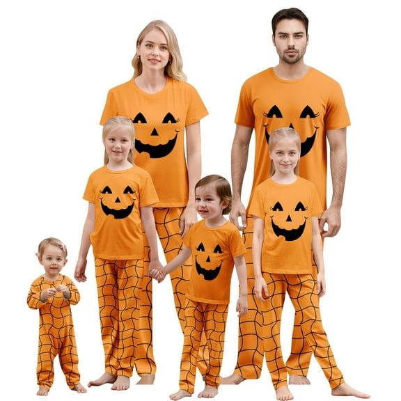 Onlypjs Halloween Family Matching Pajamas Set Pumpkin Print Sleepwear Orange Short Sleeve Top and Allover Pumpkin Pants Holiday Loungewear Outfit