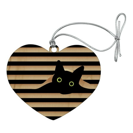 Black Cat In Window Heart Love Wood Christmas Tree Holiday Ornament