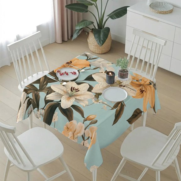 Farmhouse Colorful Floral Lily Table Cloth 54x54in, Waterproof Square Tablecloth Wipeable Tablecloths Vintage Botanical on Blue Table Covers for Dining Tables Party Indoor Outdoor