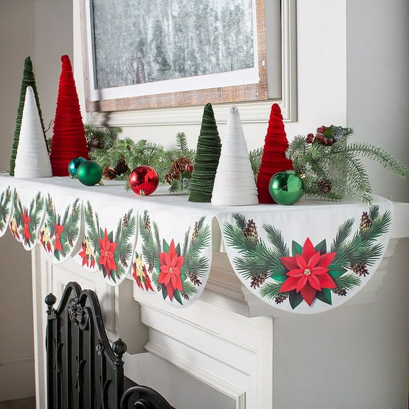 Fun Express 73" x 19" Christmas Poinsettia & Pine Needles Bunting Mantle Scarf