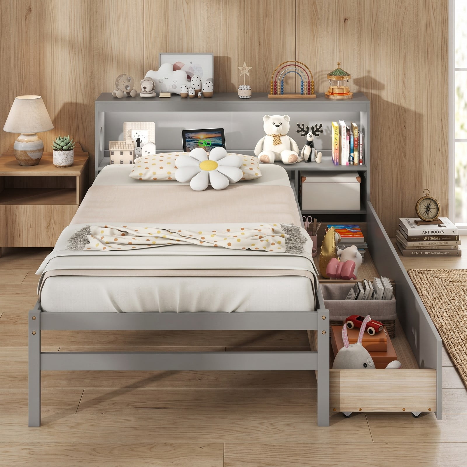 Furnibear Twin Bed Frame with Storage, Wood Bed Frame with LED Bookcase Headboard Nightstand and 2 Drawers for Bedroom, No Box Spring Needed, Gray