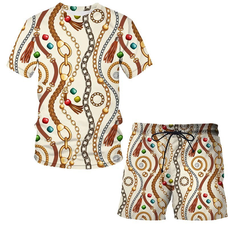 Outfits for Men 2 Piece Sets,Fashion Summer Gold Chain 3D Digital