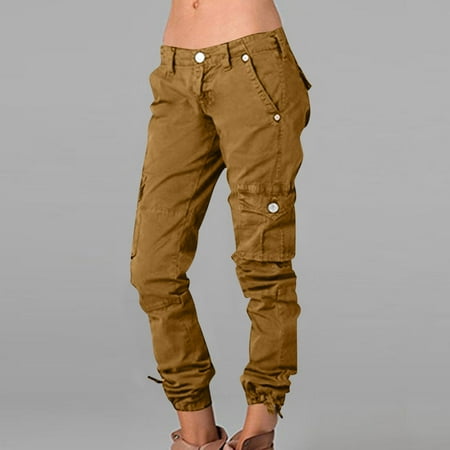 OFLAL Cargo Pants Women Plus Size Casual Solid Color Button Low Waist Loose Slim Straight Overalls Long Pants