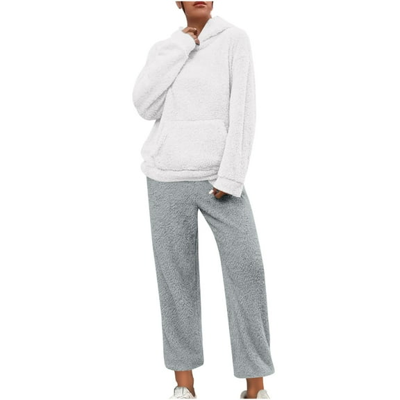 Oksale Fluffy Fleece Sweatsuits Set for Women 2 PC Long Sleeve Hoodies Long Sweatpants Underwear Ultra Soft Comfortable Loungewear 2025 White M
