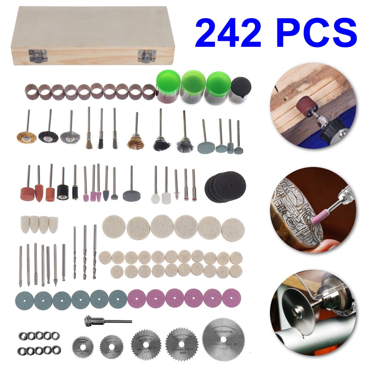 242Pcs Rotary Tool Accessory Kit Polishing Assortment Set with Wooden Organizer Case for DIY
