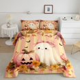 thumbnail image 2 of Homewish Fall Bow Ghost Pumpkin Queen Comforter Set for Girls, Peach Striped Maple Daisy Comforter Sets Queen, Halloween Reversible, 3pcs, 1 Comforter and 2 Pillowcases, 2 of 6