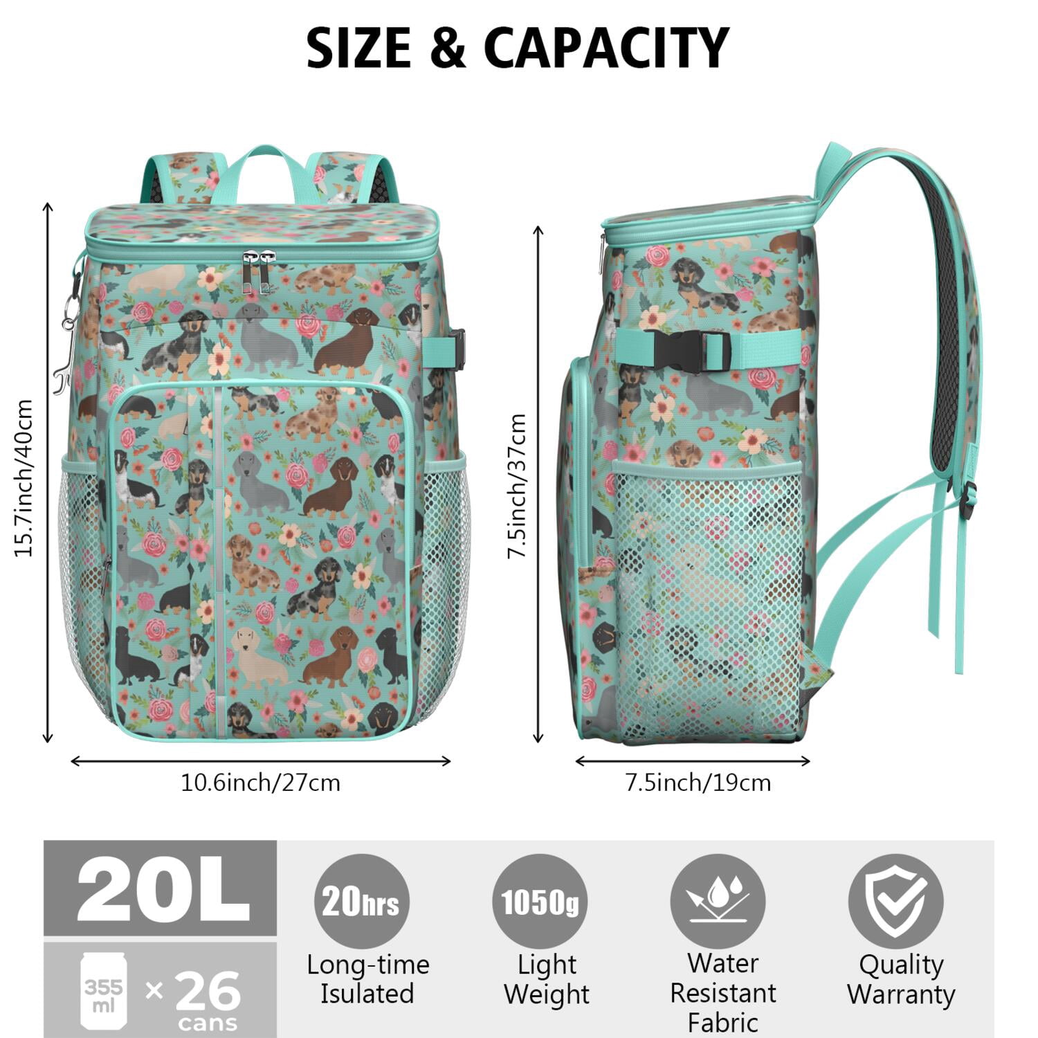 Travel Cooler Bag - Dachshund and Flower Camping Beer Cooler Backpack with Bottle Opener- Waterproof Insulated Picnic Backpacks - Cooler Bag for Beach
