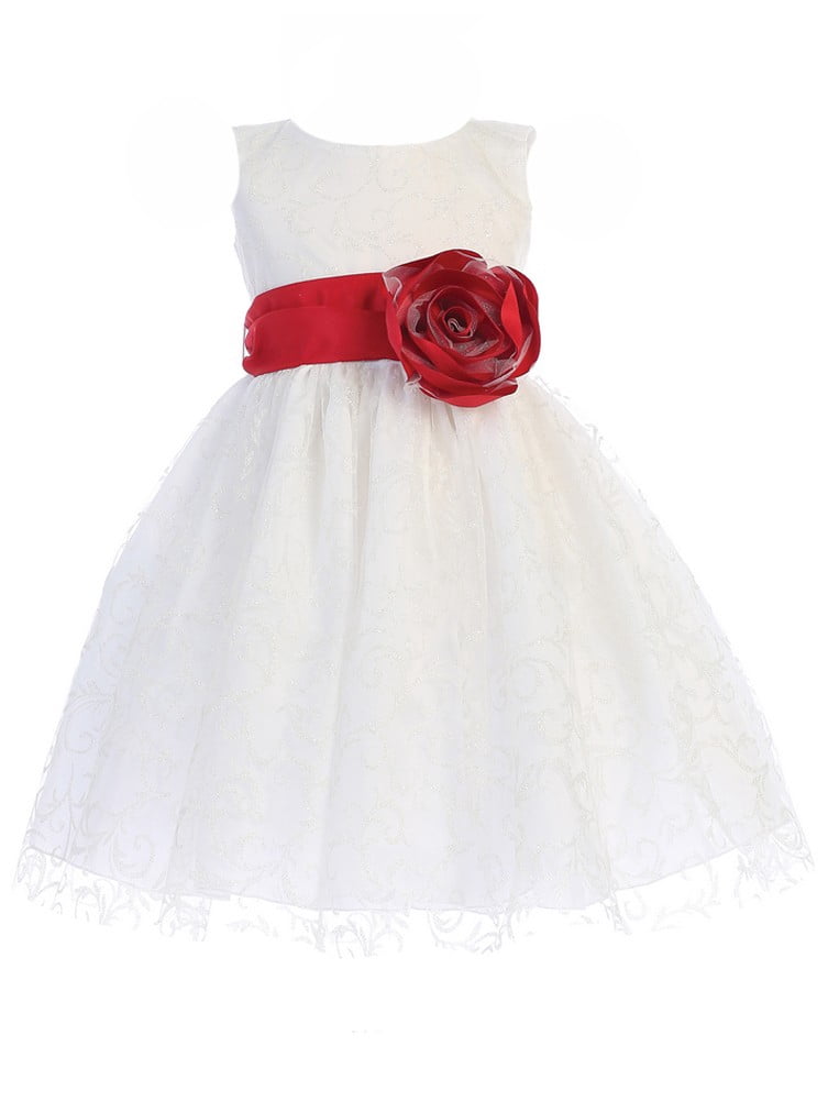 white flower girl dress with red sash