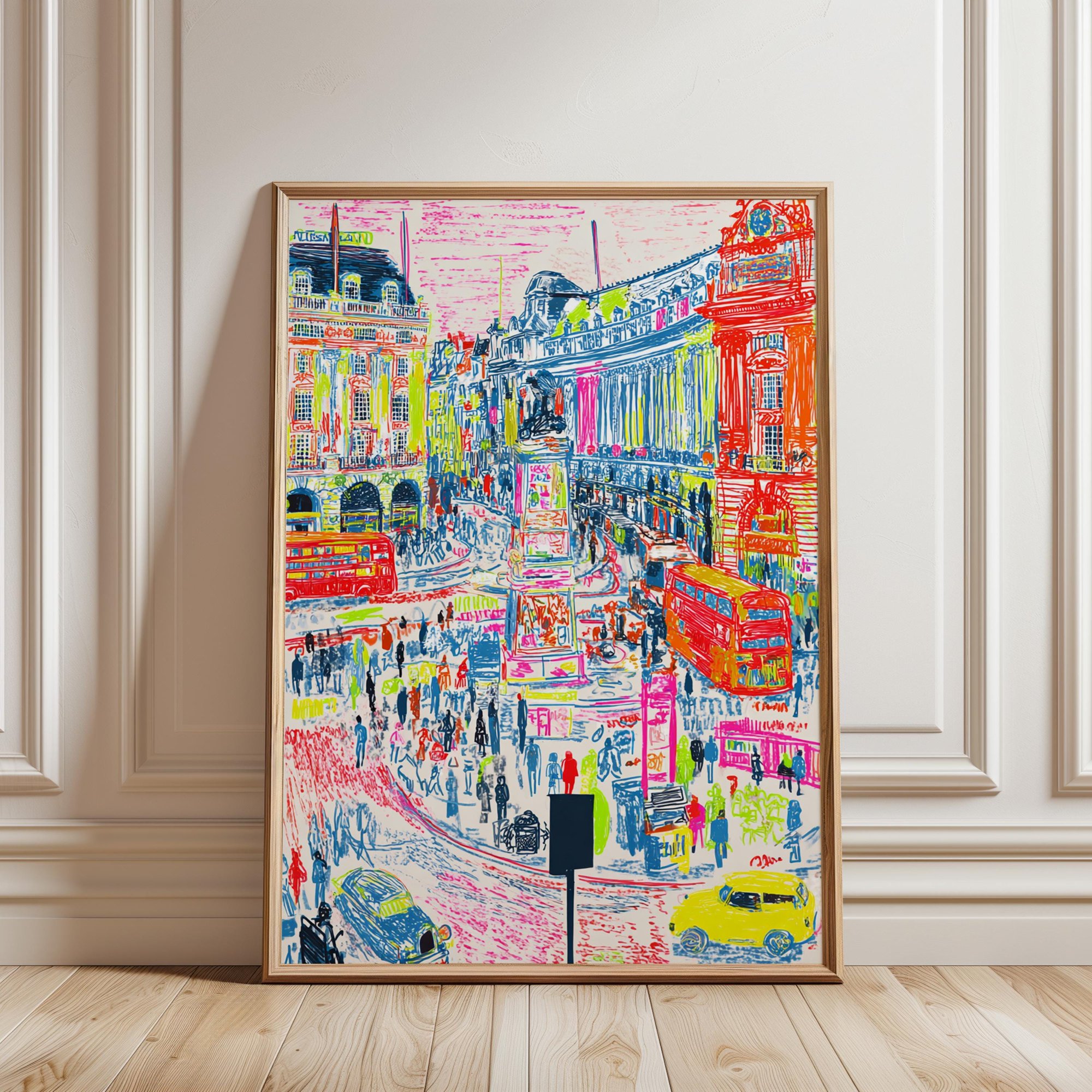 Piccadilly Circus London Print Colorful Sketch Style Street Scene Red Buses Urban Travel Art