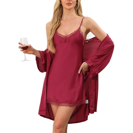 cheibear Women s 2 Piece Satin Nightgown with Robes Set Lace Cami Lingerie Bridal Robe Silky Pajama Set XS Red