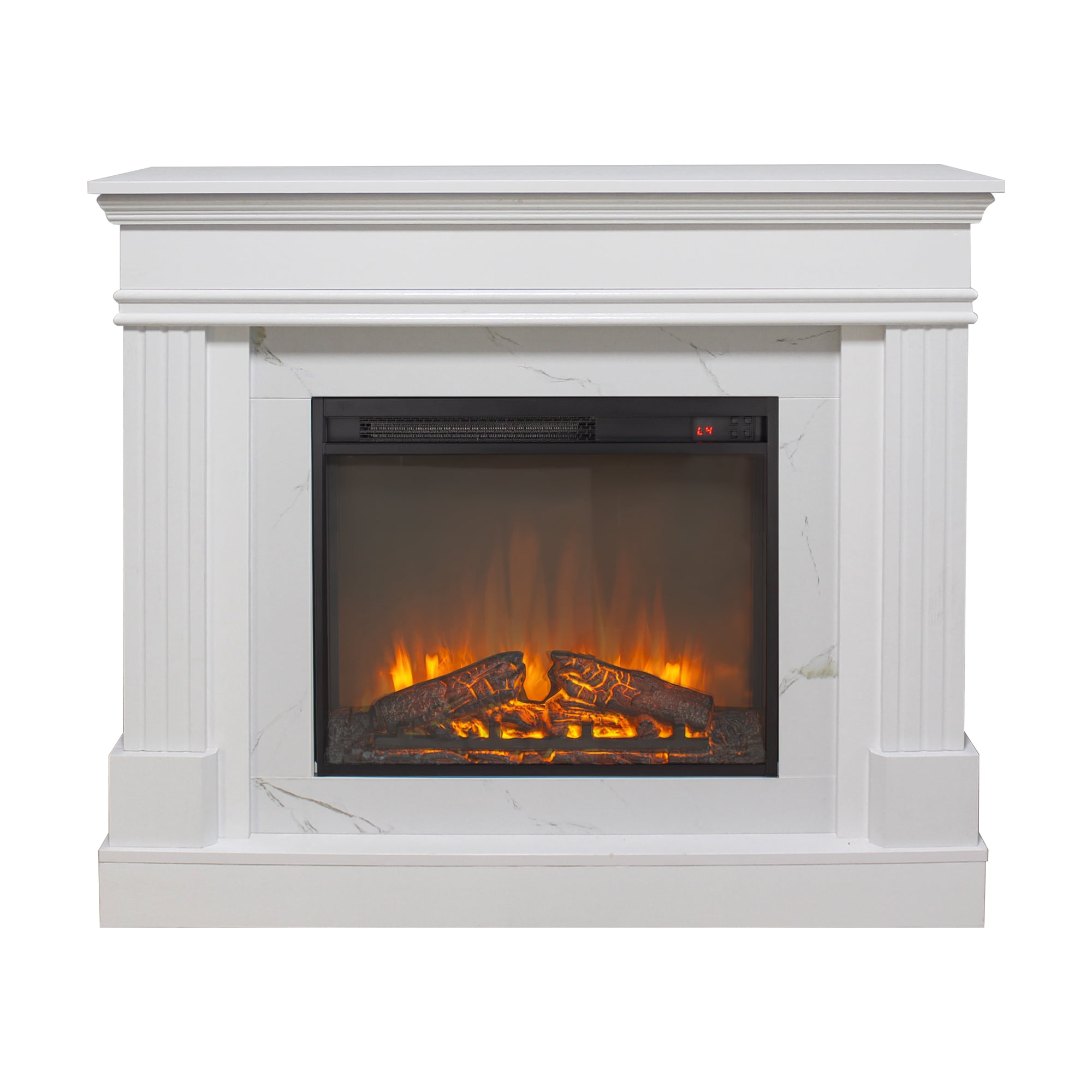 Innoflame 44" Electric Fireplace with Mantel, Freestanding Electric Fireplaces with Faux Marble, Remote, Timer, Adjustable Thermostat & Flame Brightness, White Fireplace for Living Room, 1400W