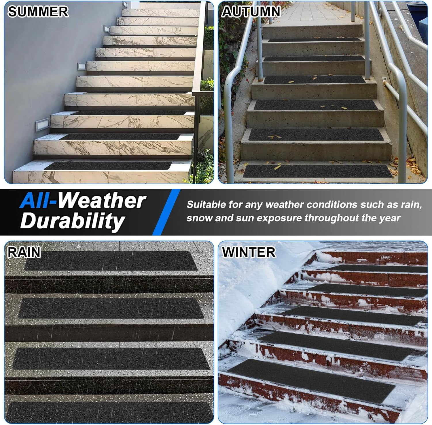 Outdoor Stair Treads Non-Slip Step Strips for Wooden Steps 10 Pack 8” x 30” Anti Slip Grip Tape Precut for Outside Stairs, Non Skid Stair Tread Mats Weather Resistant for Outdoors, Black