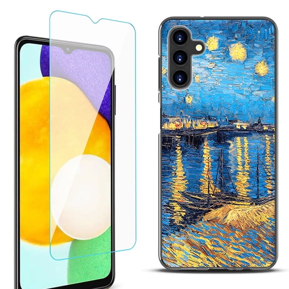 Slim-Fit Protective Fashion Phone Case (Black) for Samsung Galaxy A13 5G, with Tempered Glass Screen Protector, by OneToughShield ® - Starry Night Rhone