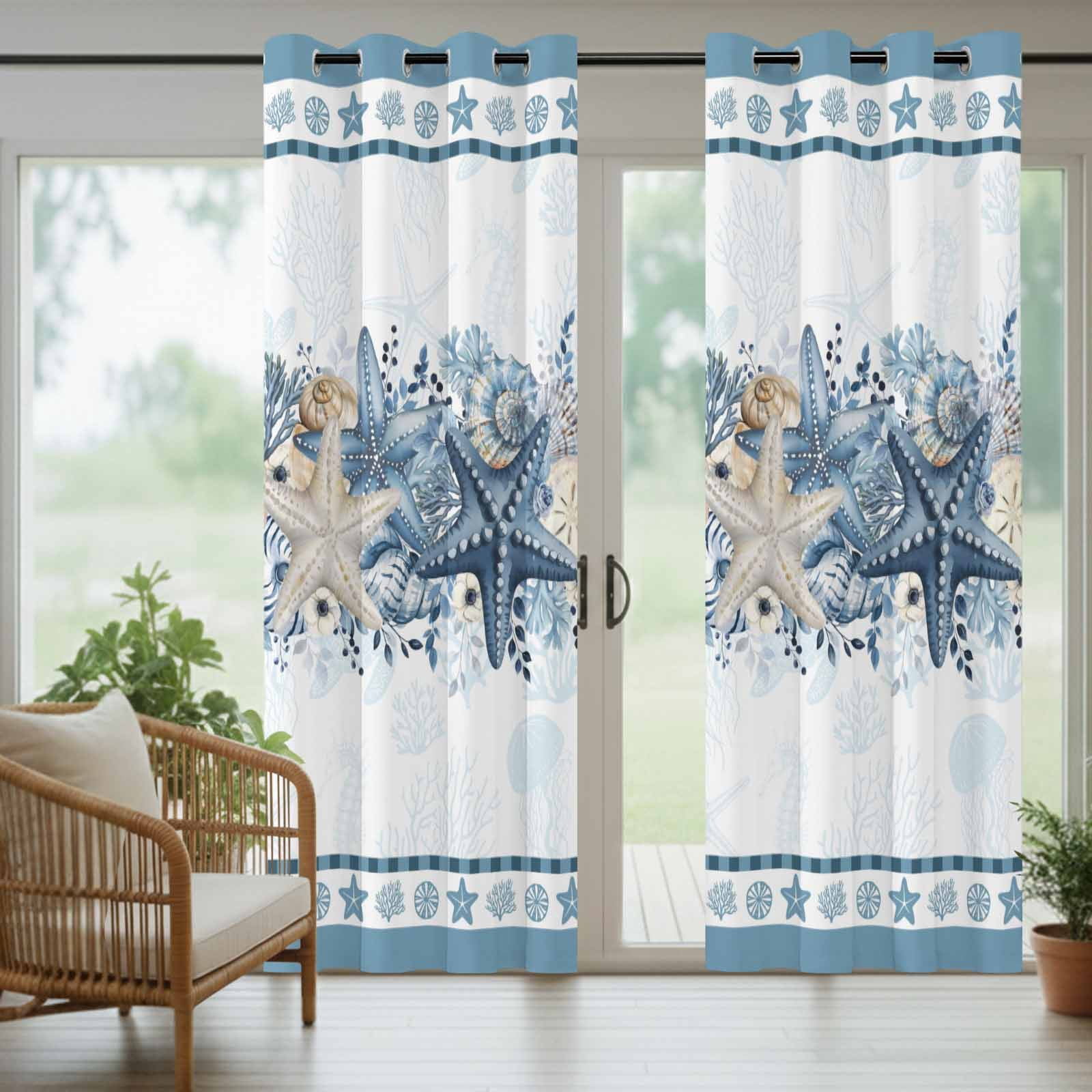 Blue Starfish Coastal Outdoor Curtains for Patio, Ocean Beach Coral Nautical Botanical Sunshade Privacy Drapes Grommet Waterproof Outside Curtains for Porch/Cabana/Balcony 54"x 108", 1 Panel