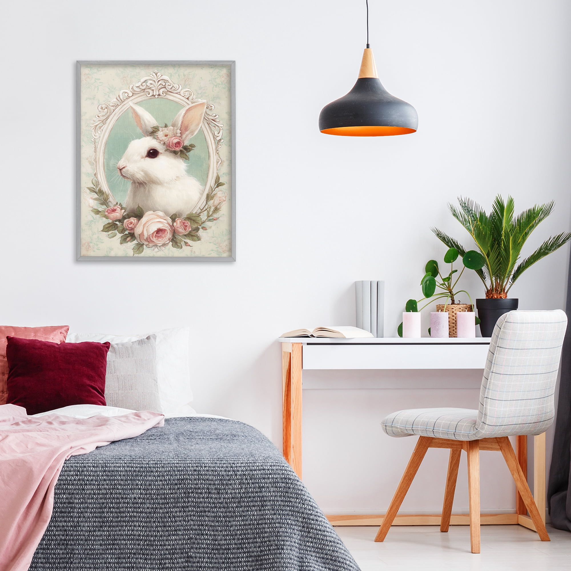 Stupell Industries Flower Fringed Bunny Portrait Gray Framed Giclee Art, design by Ink Drop Loft