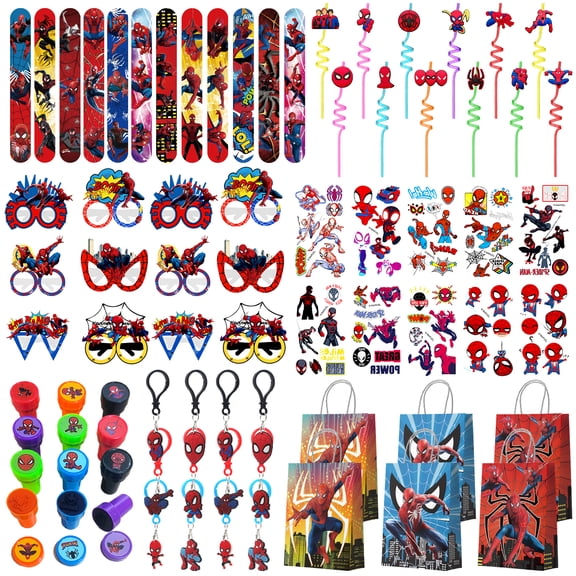 Web Hero Party Favors Set - Superhero Themed Birthday Supplies with Keychains, Gift Bags, Straws & Stickers, Goodie Bag Stuffers for Kids Boys Girls Web Hero Party Decorations