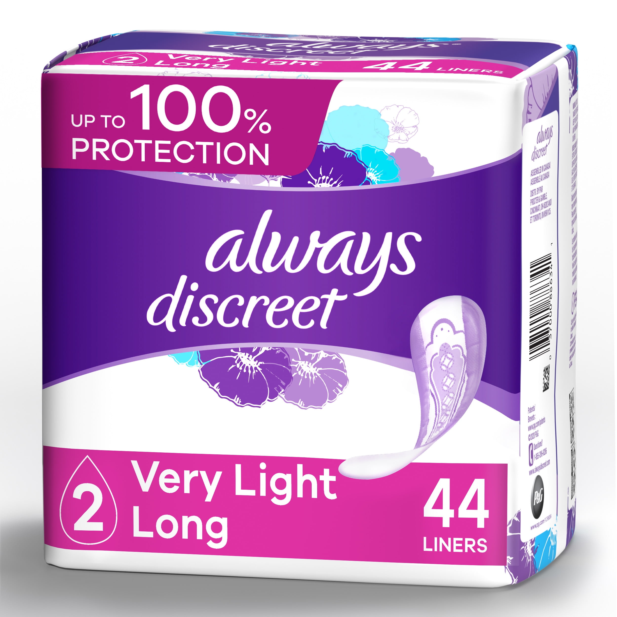 Always Discreet Postpartum Incontinence Liners, Very Light Absorb, Long Length, 44 Ct