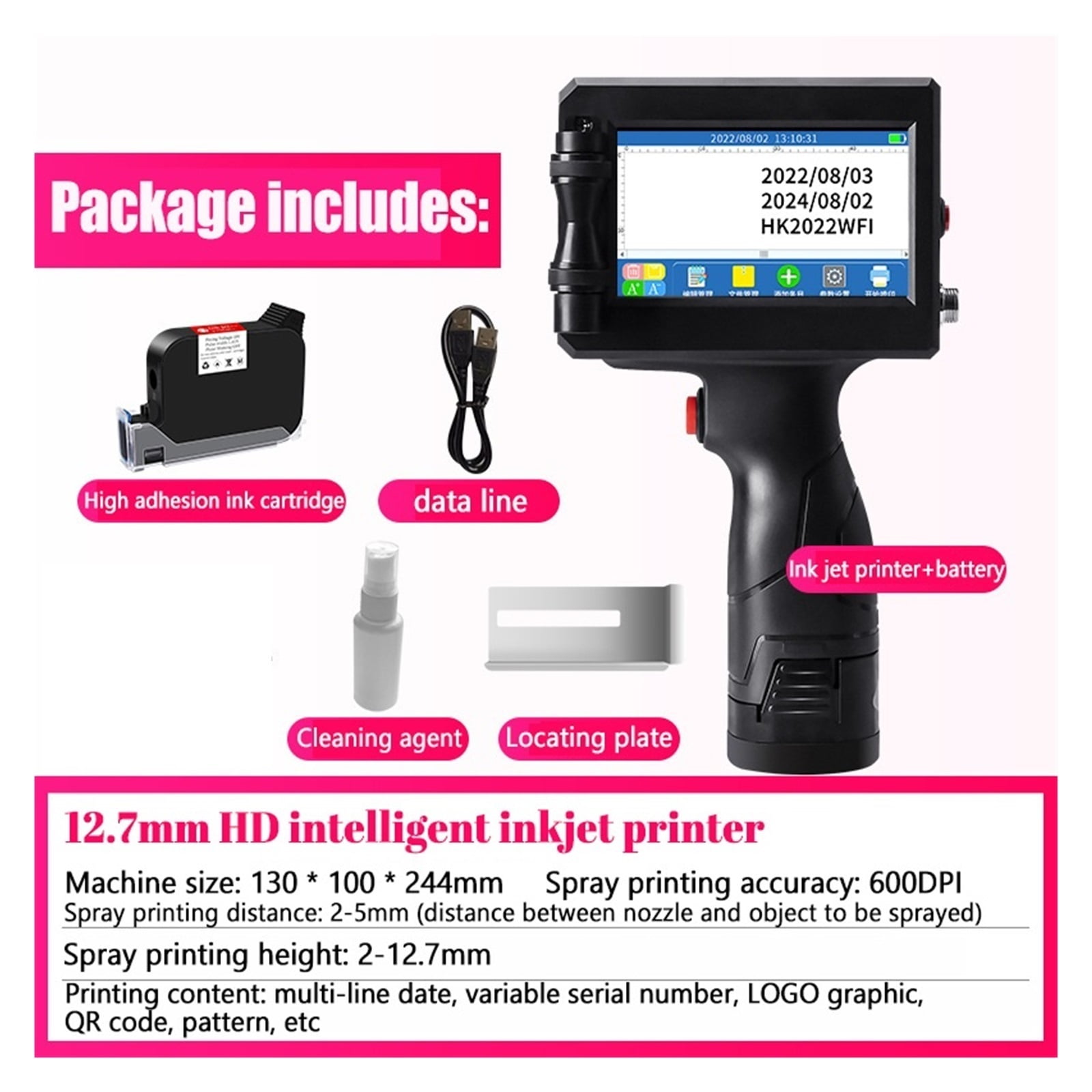 Printer Small Fully Automatic Handheld, Label Label Packaging Bag QR Code Barcode Portable Inkjet Printer ,Versatile Surface Compatibility