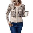 thumbnail image 3 of Womens - Blazer à Carreaux Habillé Décontracté Bouton devant Cardigan Col Rond Manches Longues Texture Tricot Vestes, 3 of 10