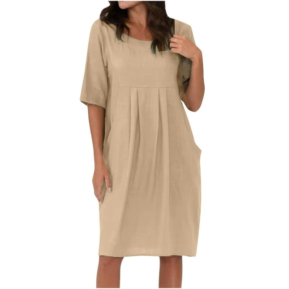 Plus Size Cotton Linen Dresses for Women Short Sleeve Summer Pleated Midi Dress with Pockets