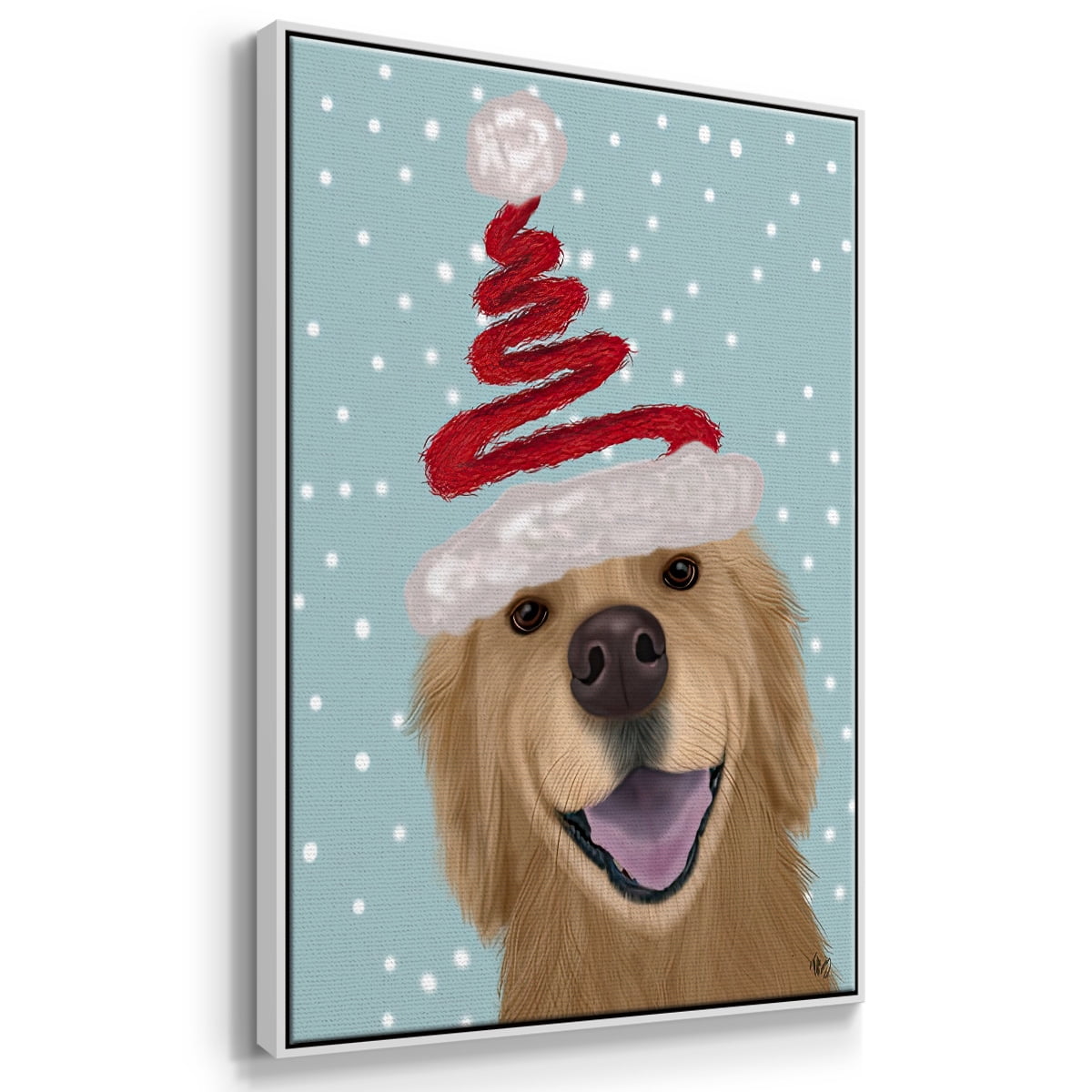 Christmas Golden Retriever and Spring Santa Hat - Framed Gallery Wrapped Holiday Canvas - 27 x 41 - White Frame