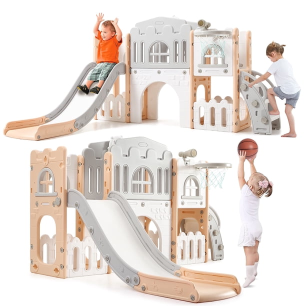 Durable 8-in-1 para niños pequeños playground activity set con slide, climber, y basketball hoop - indoor/outdoor play equipment para ages 1 to 3 (rosa y gray)