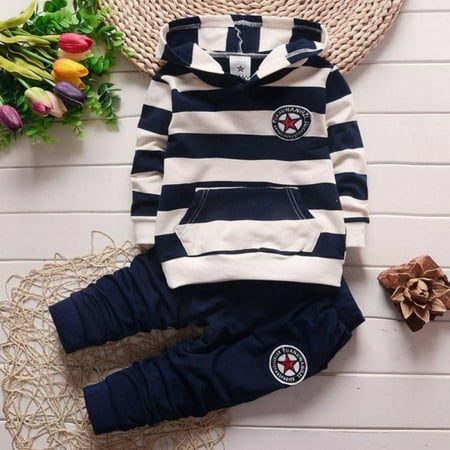 

Promotion Clearance Children Printed Long-Sleeved Two-piece Suit Boys And Girls Cute Hooded Striped Sweater + Trousers Pants Suit