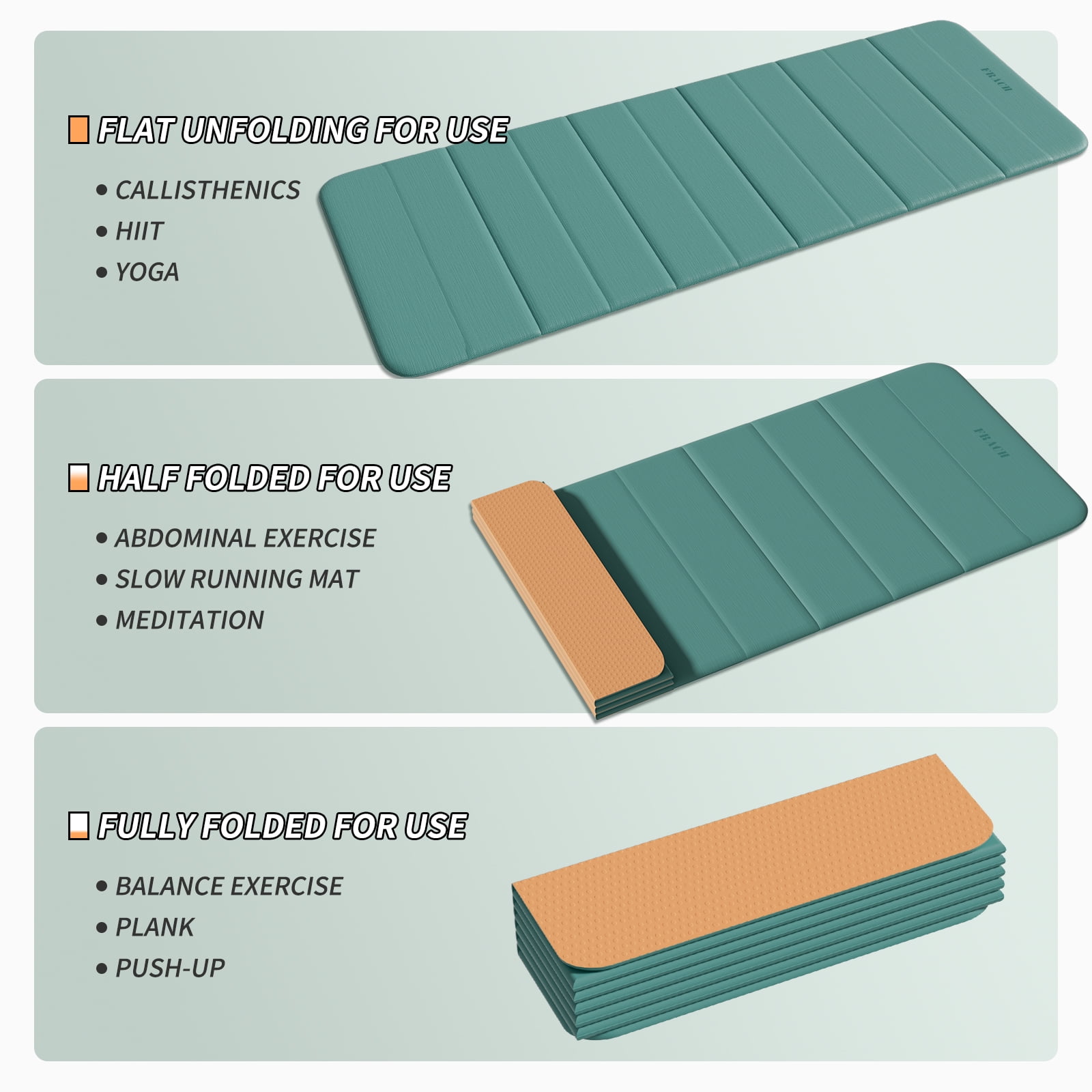 Frach Foldable Yoga Mat Extra Long 75",0.4" Thick Exercise Mat,Muti-fundctional,High-Density for Gym and Travel,Indoor and Outdoor(Green+Orange)