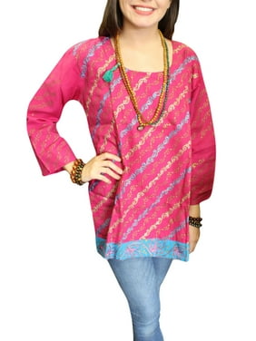 Mogul Women's Beautiful Pink Cotton Blouse Top Printed Ethnic Tunic Dress M