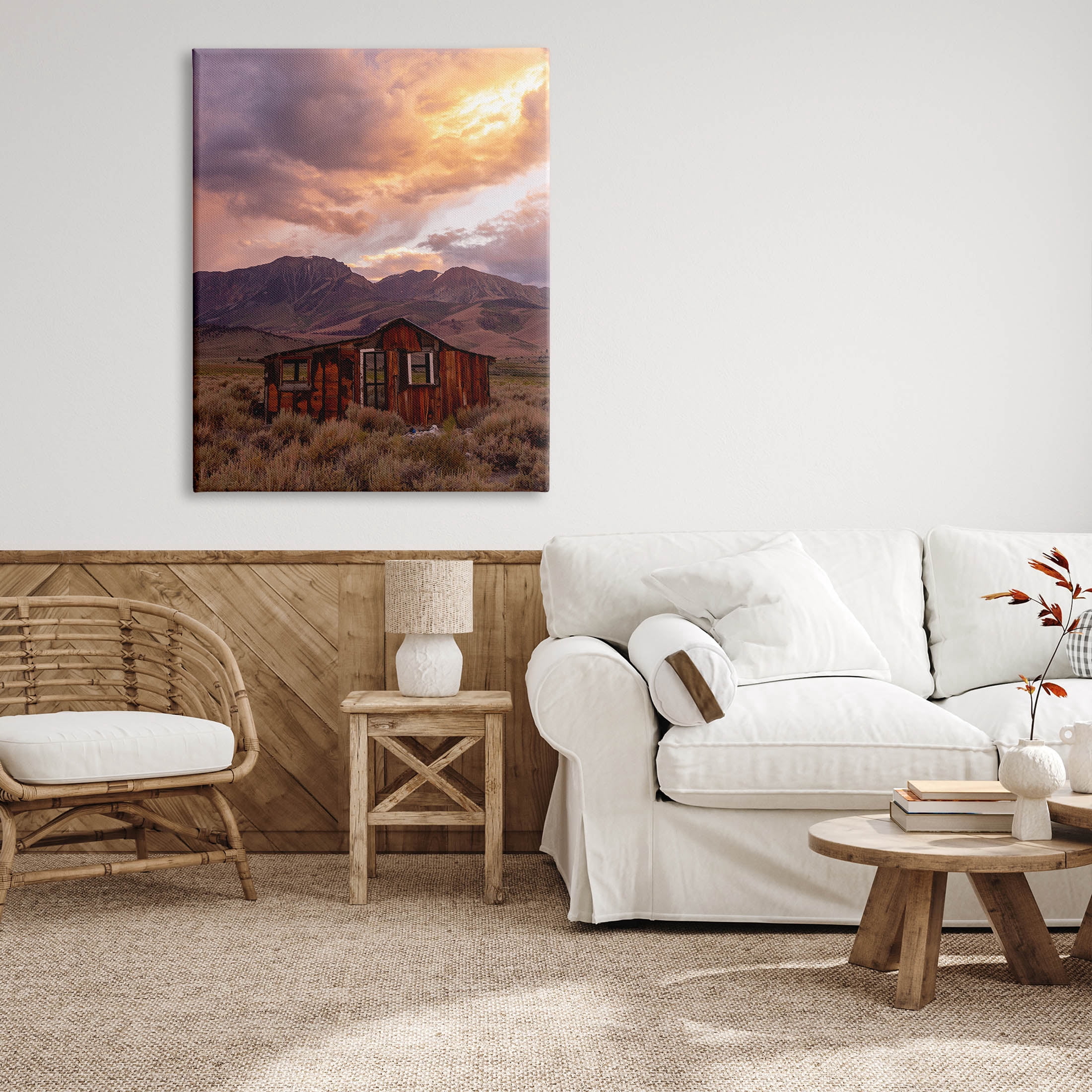 Rural Sunset Countryside Hut Landscape Photograph Gallery Wrapped Canvas Print Wall Art