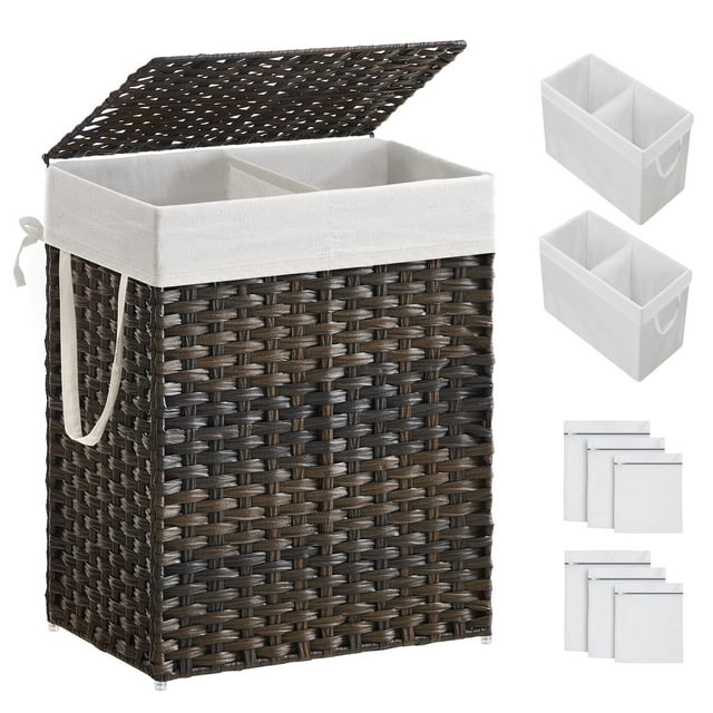 Cesto de la Ropa, 90 L, Cesto de Lavandería, Tejido a Mano, con Compartimentos Separados, con Tapa y Asas, Ratán Sintético, Plegable, Bolsa de Forro Extraíble, Marrón
