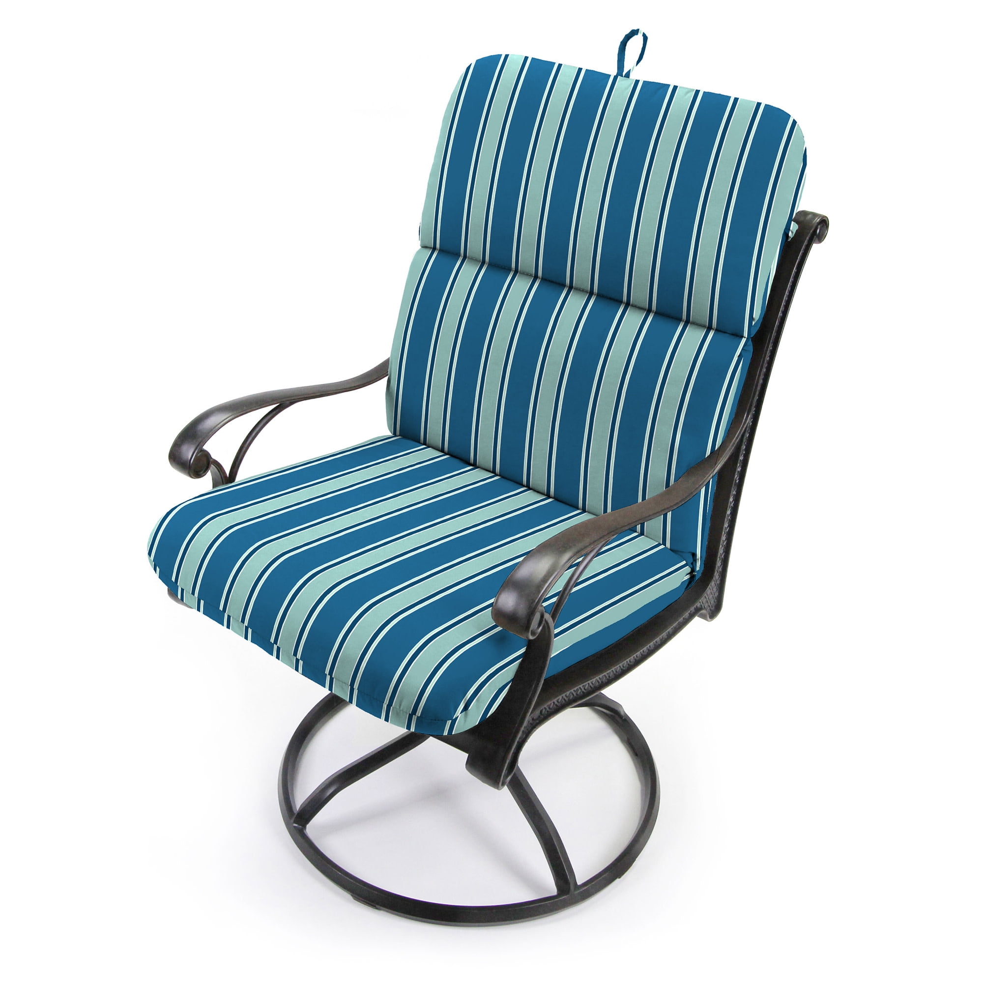 Jordan Manufacturing 45" x 22" Sanders Puff Blue and Gray Green Stripe Rectangular Outdoor Chair Cushion with Ties and Hanger Loop