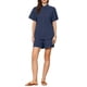 thumbnail image 1 of Conjunto de camiseta de manga corta con cuello de solapa y pantalones cortos de algodón para mujer INSPIRE CHIC, 2 piezas, color azul oscuro, 1 of 6