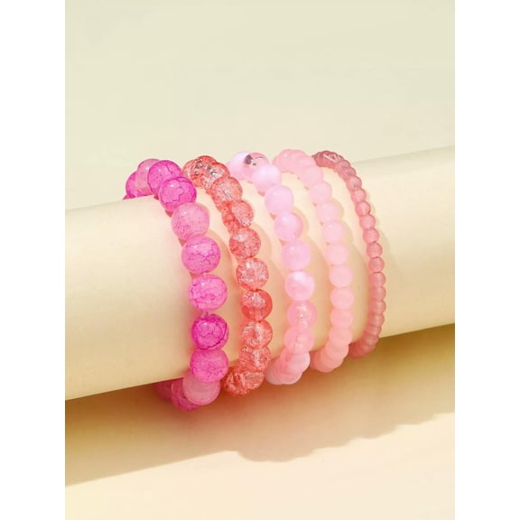 EOEMY 5Pcs Pink Tone Set Beaded Bracelet Women Bracelet Stackable Bracelet Crafted-Default