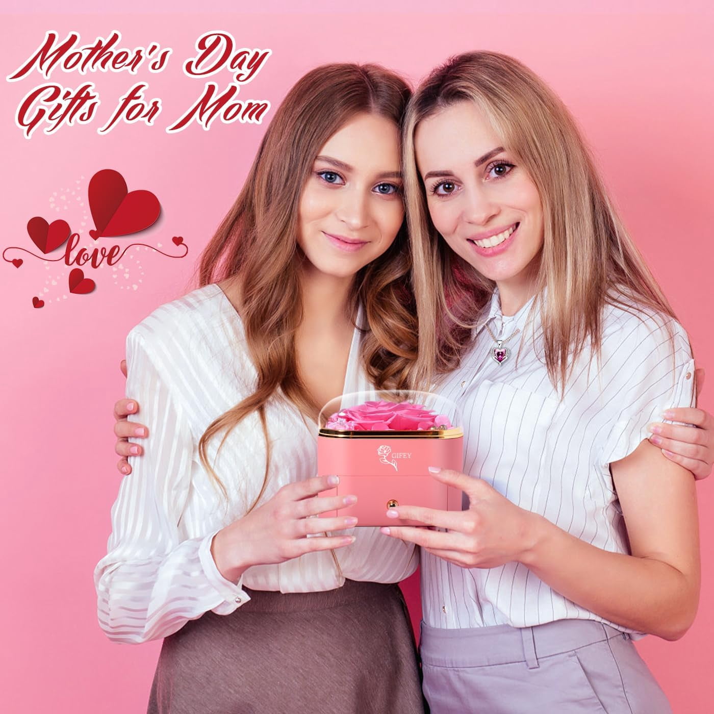 Sinkoo Mothers Day Gifts for Mom,Preserved Pink Real Rose with Purple Necklace, Forever Flowers Rose Gifts for Women Mom Wife Girlfriend on Hoilday Gifts for Women