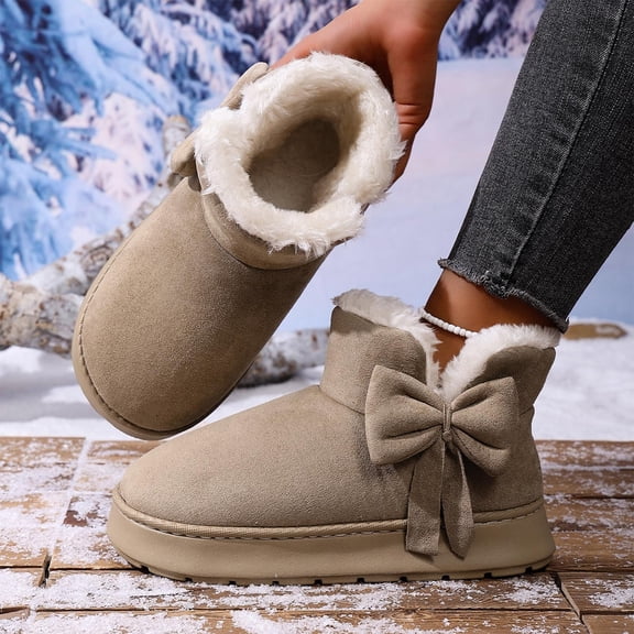 BRGZLK Women Fleece Lined Snow Boots 2026 Winter Cute Bow Platform Warm Cozy Plush Slip On Comfort Non Slip Ankle Booties Indoor Outdoor Shoes Khaki 44