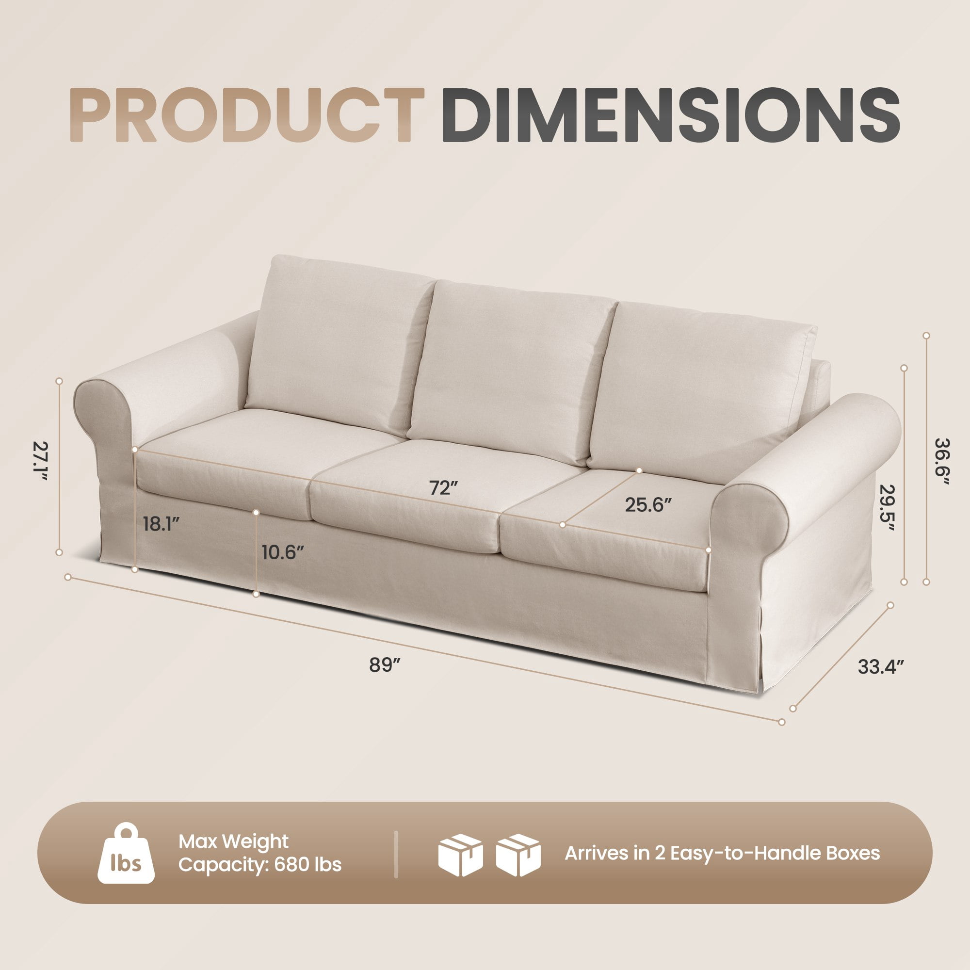 Vorthio 3-Seater Sofas, 89"Washable Slipcover Couch, Classic Sofa with Roll Arm for Living Room, Beige