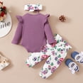 thumbnail image 6 of Kucnuzki Newborn Girls Outfit Sets Fall Ruffle Long Sleeves Letter Print Romper Top Floral Pants with Headband 3pcs Pant Sets Purple 0-3 Months, 6 of 10