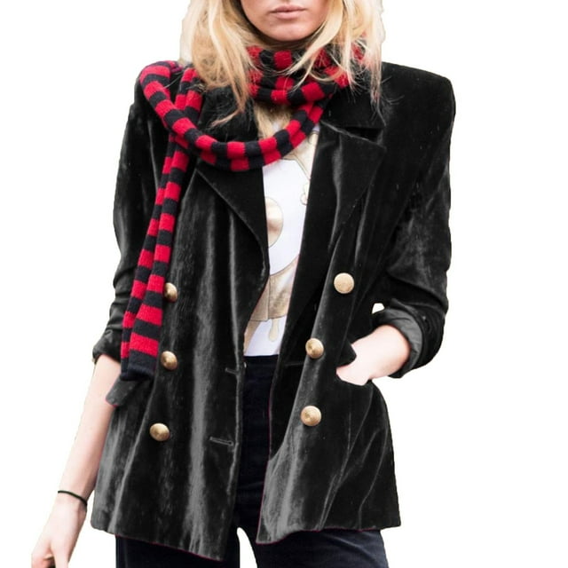 Lovzfmll Women's Velvet Blazer, Relaxed Fit Double Breasted Button Front Black, L