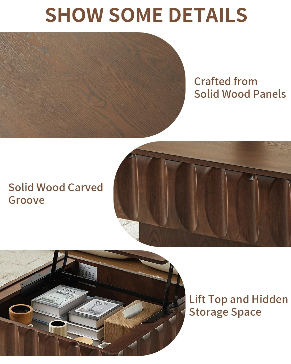 Lift Top Coffee Table with Hidden Storage, 31 inch Solid Wood Fluted Design for Small Space Living Room, Walnut