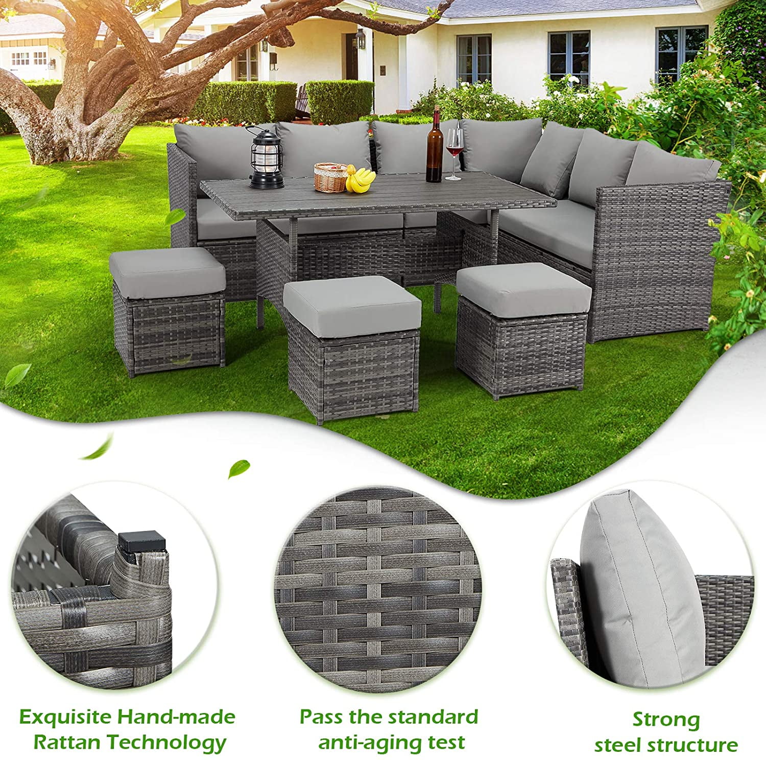AECOJOY 7 Piece Patio Conversation Set,  Outdoor Sectional Sofa Rattan Wicker Dining Furniture, Gray